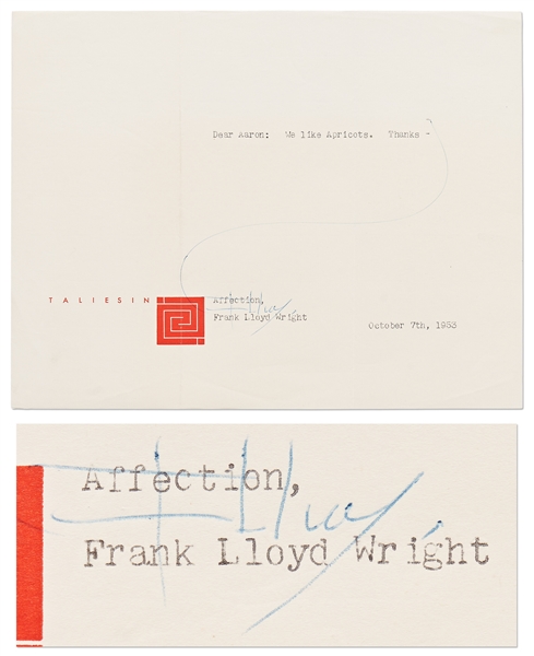 Frank Lloyd Wright Letter Signed -- ''...We like Apricots...''