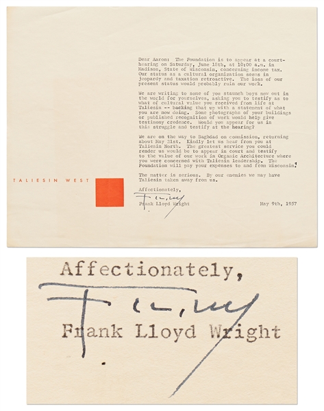 Frank Lloyd Wright Letter Signed Regarding Taliesin Losing Its Tax-Exempt Status -- ''...By our enemies we may have Taliesin taken away from us...''