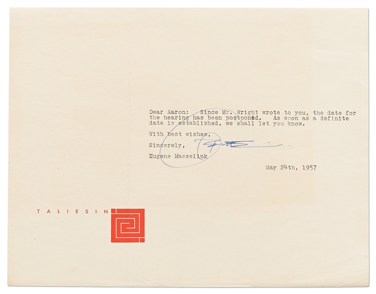 Frank Lloyd Wright Letter Signed Regarding Taliesin Losing Its Tax-Exempt Status -- ''...By our enemies we may have Taliesin taken away from us...''