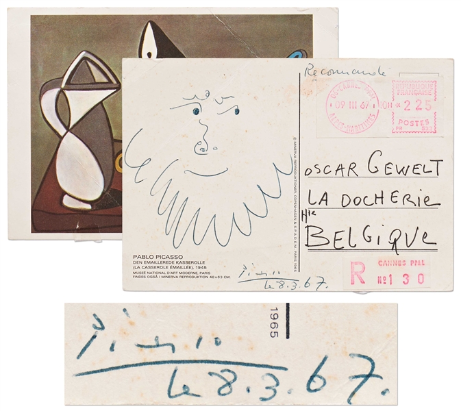 Pablo Picasso Original Signed Artwork -- Picasso Sketches a Portrait of a Bearded Man on a Postcard