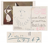 Pablo Picasso Original Signed Artwork -- Picasso Sketches a Portrait of a Bearded Man on a Postcard