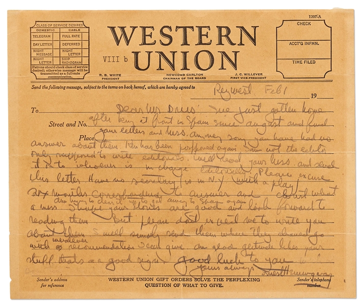 Ernest Hemingway Autograph Letter Signed from 1938 After Returning from the ''front in Spain'' -- Hemingway Writes to an Author About the Short-Lived ''Ken'' Magazine with Mention of Gertrude Stein