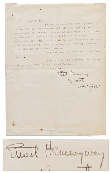Ernest Hemingway Letter Signed from 1938 Regarding Ken Magazine & Being Embezzled -- ...shocked to find the same guy embezzled me out of 822.00 dollars...