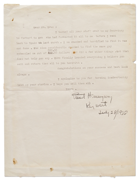 Ernest Hemingway Letter Signed from 1938 Regarding ''Ken'' Magazine & Being Embezzled -- ''...shocked to find the same guy embezzled me out of 822.00 dollars...''