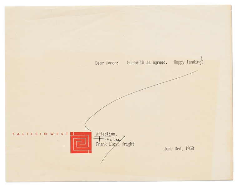 Frank Lloyd Wright Letter Signed -- ''...Happy landing!...''