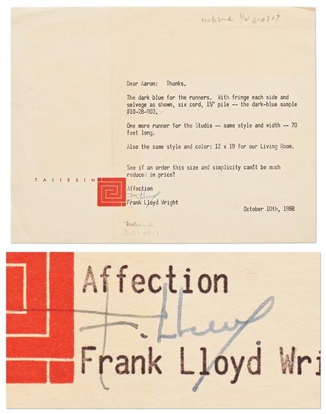 Frank Lloyd Wright Letter Signed with Specific Instructions on Interior Design