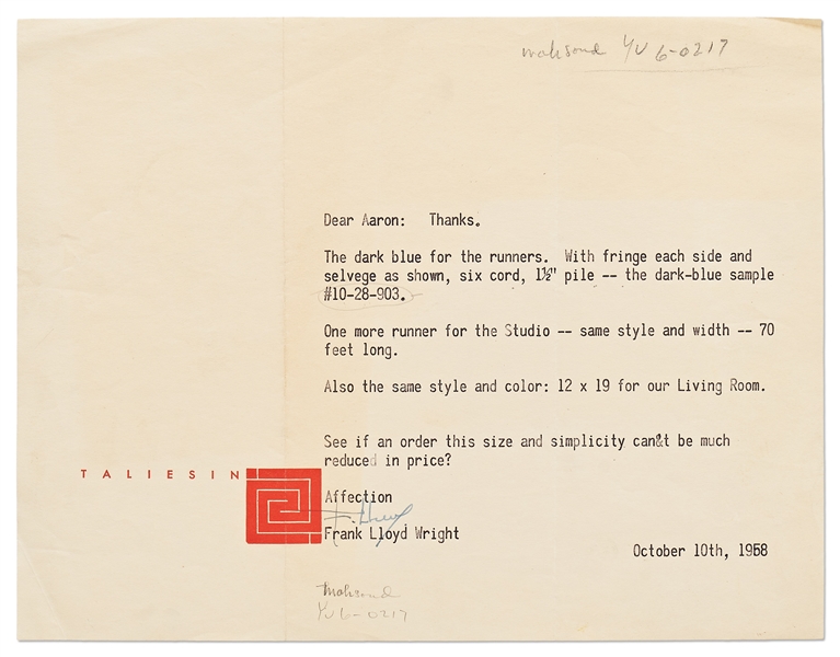 Frank Lloyd Wright Letter Signed with Specific Instructions on Interior Design