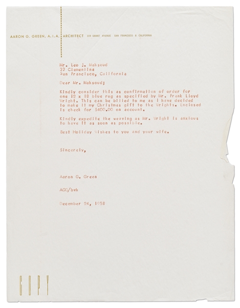 Frank Lloyd Wright Letter Signed Regarding a ''beautiful blue rug'' & Payment for the ''State Fair scheme'' Referencing the Marin County, California Fairgrounds Pavilion and Amphitheatre Projects