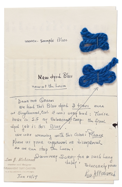 Frank Lloyd Wright Letter Signed Regarding a ''beautiful blue rug'' & Payment for the ''State Fair scheme'' Referencing the Marin County, California Fairgrounds Pavilion and Amphitheatre Projects