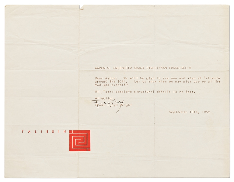 Frank Lloyd Wright Lot of Correspondence Regarding the Anderton Court Shops on Rodeo Drive in Beverly Hills -- Includes 3 Letters Signed by Wright, 4 Telegrams & Dozens of Retained Notes & Letters