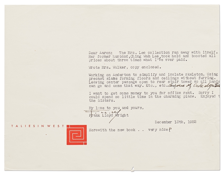 Frank Lloyd Wright Lot of Correspondence Regarding the Anderton Court Shops on Rodeo Drive in Beverly Hills -- Includes 3 Letters Signed by Wright, 4 Telegrams & Dozens of Retained Notes & Letters