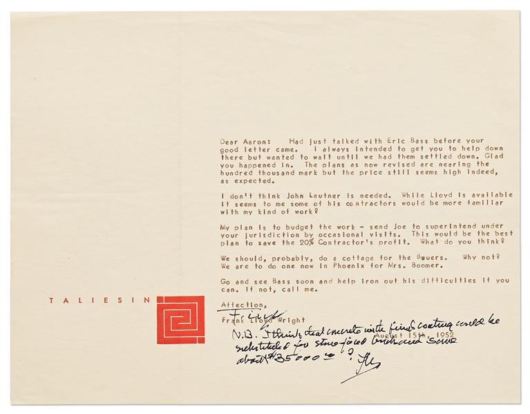 Frank Lloyd Wright Lot of Correspondence Regarding the Anderton Court Shops on Rodeo Drive in Beverly Hills -- Includes 3 Letters Signed by Wright, 4 Telegrams & Dozens of Retained Notes & Letters