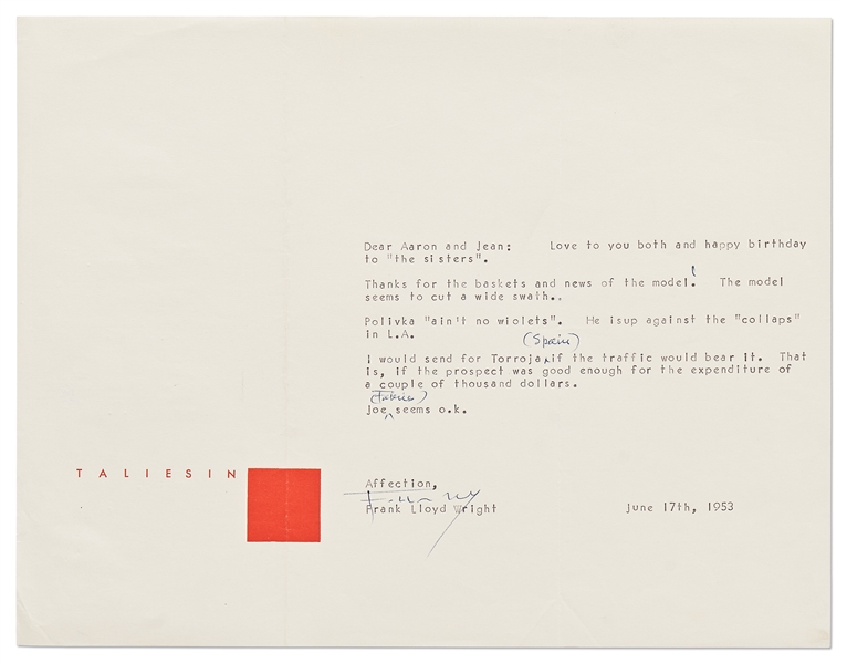 Frank Lloyd Wright Lot of Correspondence Regarding San Francisco's ''Butterfly Bridge'' -- Includes 4 Letters Signed by Wright, 3 Telegrams & Dozens of Retained Letters & Documents