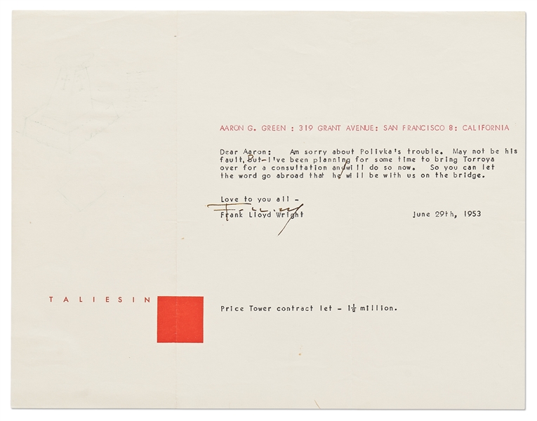 Frank Lloyd Wright Lot of Correspondence Regarding San Francisco's ''Butterfly Bridge'' -- Includes 4 Letters Signed by Wright, 3 Telegrams & Dozens of Retained Letters & Documents