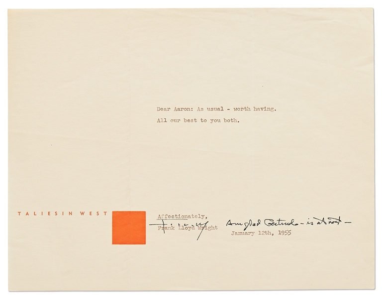 Frank Lloyd Wright Letter Signed with Handwritten Note Regarding the Passing of a Friend -- Lot Also Includes 2 Dozen Pages Regarding the Los Altos Civic Center Project