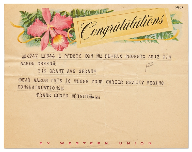 Lot of Frank Lloyd Wright Correspondence Related to the Marin County Civic Center, Wright's Last Public Project -- ''...This is where your career really begins...''