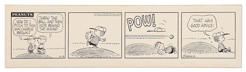 Charles Schulz Hand-Drawn Peanuts Comic Strip from 1964 -- Featuring Baseball Content with Charlie Brown & Linus