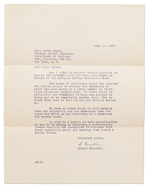 Albert Einstein Letter Signed During WWII -- ''The power of resistance which has enabled the Jewish people to survive...our readiness to help one another is being put to an especially severe test''