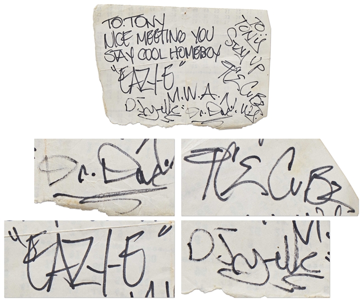 N.W.A. Band Signed Slip, Circa 1988 -- Including Eazy-E's Signature -- With PSA/DNA COA for All Signatures