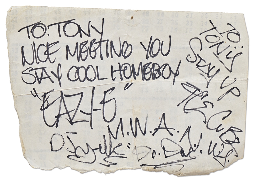 N.W.A. Band Signed Slip, Circa 1988 -- Including Eazy-E's Signature -- With PSA/DNA COA for All Signatures