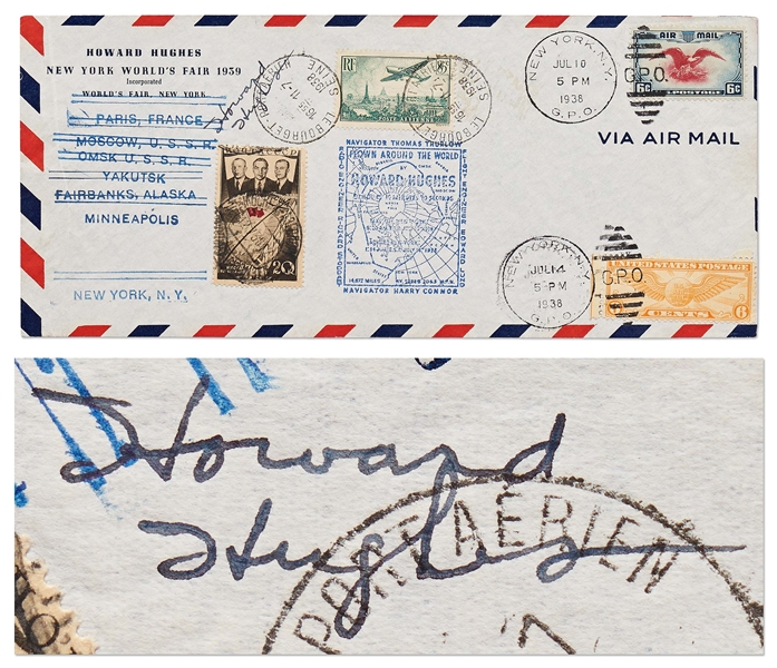 Howard Hughes Signed Flight Crew Cover -- Carried Aboard Hughes' Historic & Record-Breaking 1938 Round-the-World Flight