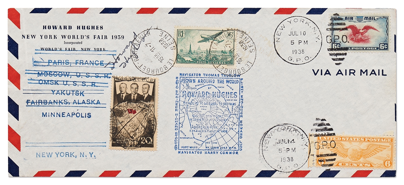 Howard Hughes Signed Flight Crew Cover -- Carried Aboard Hughes' Historic & Record-Breaking 1938 Round-the-World Flight