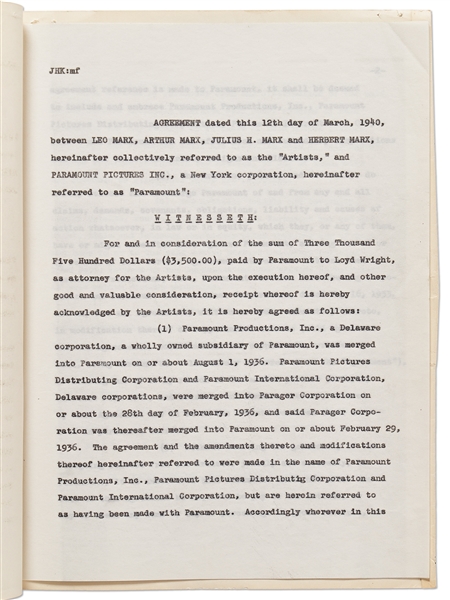 Marx Brothers Contract Signed by All Four Brothers for Their Most Famous Film, ''Duck Soup''