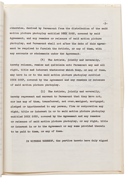 Marx Brothers Contract Signed by All Four Brothers for Their Most Famous Film, ''Duck Soup''