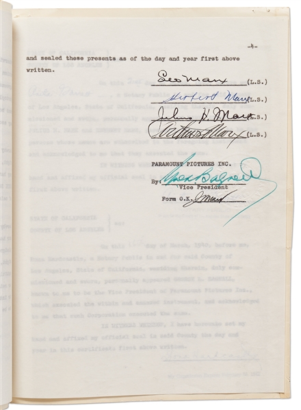 Marx Brothers Contract Signed by All Four Brothers for Their Most Famous Film, ''Duck Soup''