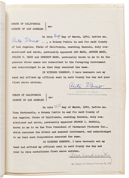 Marx Brothers Contract Signed by All Four Brothers for Their Most Famous Film, ''Duck Soup''