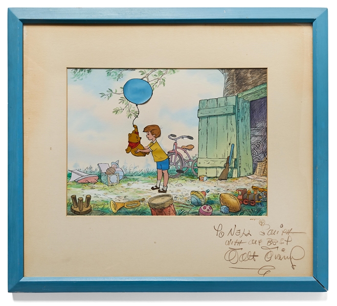 Walt Disney Signed Mat Housing a Screen-Used Cel of Christopher Robin & Winnie the Pooh from ''Winnie the Pooh and the Honey Tree'' -- Very Rare