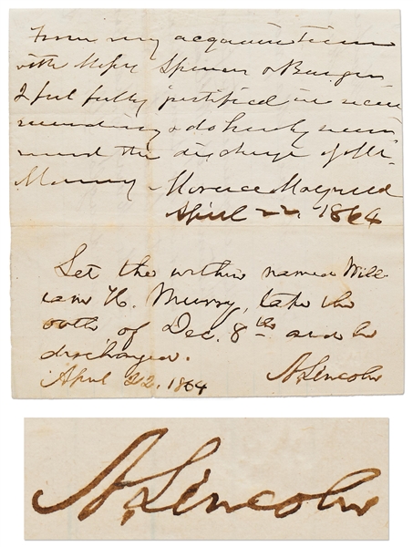 Abraham Lincoln Autograph Endorsement Signed from 1864 -- Lincoln Issues Amnesty to a Confederate Soldier