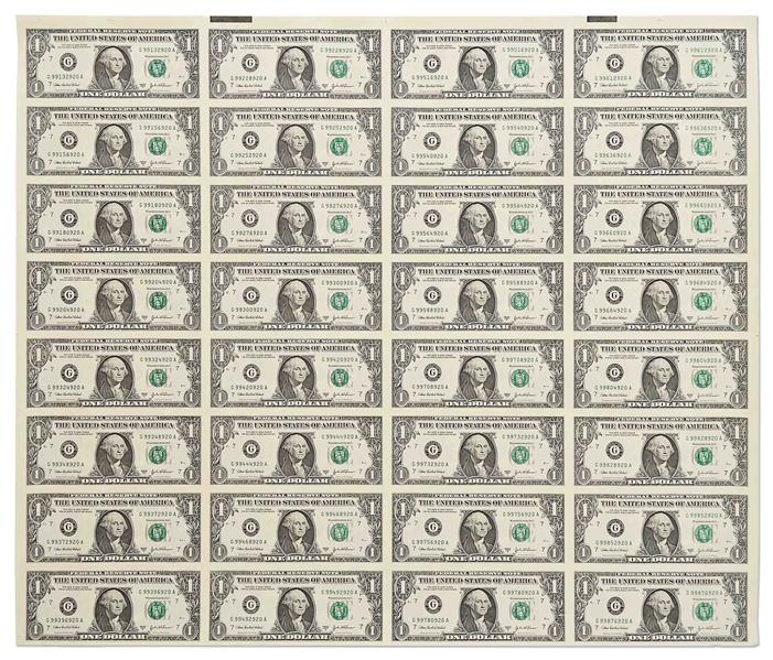 Uncut Sheet of 32 $1 Federal Reserve Notes -- Series 2003-A, Chicago -- Near Fine