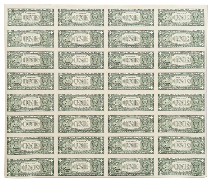 Uncut Sheet of 32 $1 Federal Reserve Notes -- Series 2003-A, Chicago -- Near Fine