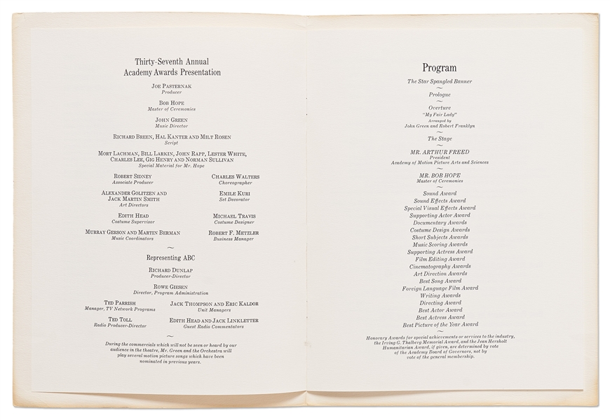 37th Academy Awards Presentation Program