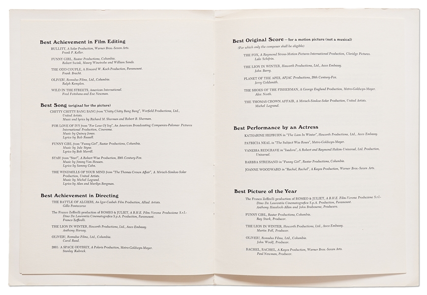 41st Academy Awards Presentation Program