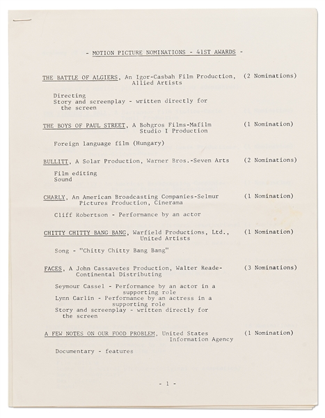 41st Academy Awards Presentation Program