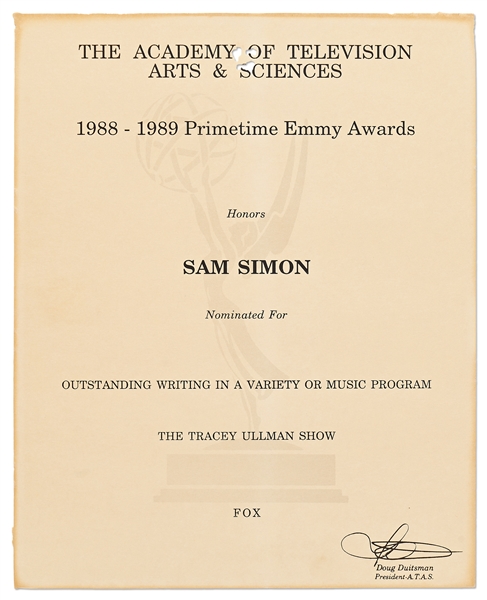 Emmy Nomination for ''The Tracey Ullman Show'' Given to Sam Simon in 1989 -- From the Sam Simon Estate