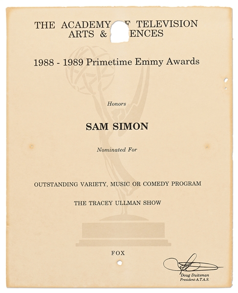 Emmy Nomination for ''The Tracey Ullman Show'' Given to Sam Simon in 1989 -- From the Sam Simon Estate