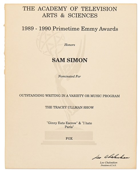 Emmy Nomination for ''The Tracey Ullman Show'' Given to Sam Simon in 1990 -- From the Sam Simon Estate