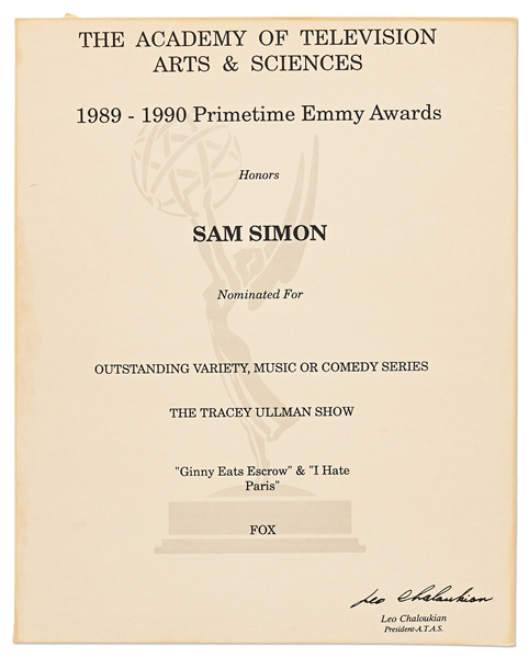 Emmy Nomination for ''The Tracey Ullman Show'' Given to Sam Simon in 1990 -- From the Sam Simon Estate