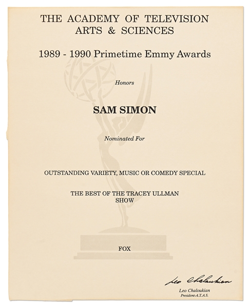 Emmy Nomination for ''The Tracey Ullman Show'' Given to Sam Simon in 1990 -- From the Sam Simon Estate