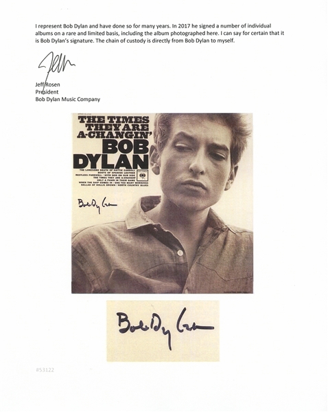 Bob Dylan Signed Album ''The Times They Are A-Changin''' -- With Jeff Rosen COA