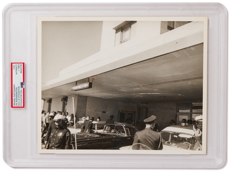 Original 10'' x 8'' Photo of Parkland Hospital with John F. Kennedy's Open-Air Limousine Visible, Taken by Cecil W. Stoughton After JFK Was Shot -- Encapsulated & Authenticated by PSA as Type I Photo