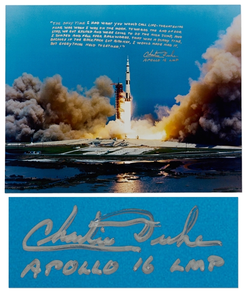 Charlie Duke Signed 20'' x 16'' Photo of the Apollo 16 Rocket Launch -- With a Handwritten Recollection About Nearly Losing His Life on the Moon: ''...I would have had it...''