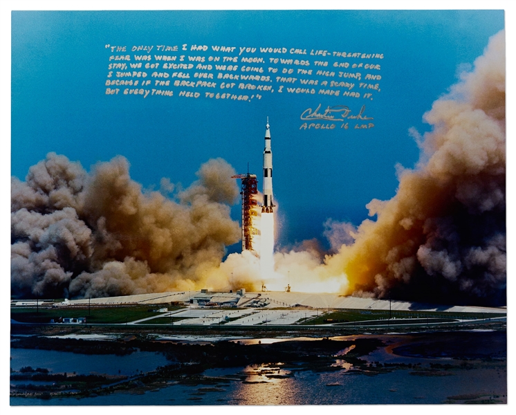 Charlie Duke Signed 20'' x 16'' Photo of the Apollo 16 Rocket Launch -- With a Handwritten Recollection About Nearly Losing His Life on the Moon: ''...I would have had it...''