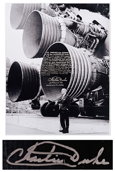 Charlie Duke Signed 16'' x 20'' Photo of Wernher von Braun Next to the Apollo Saturn V Rocket