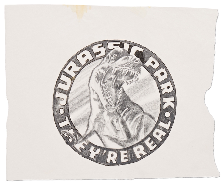 Original ''Jurassic Park'' Production Sketch Created in Development for the 1993 Film -- Drawing Shows a Ferocious T-Rex With the Tag Line, ''They're Real''