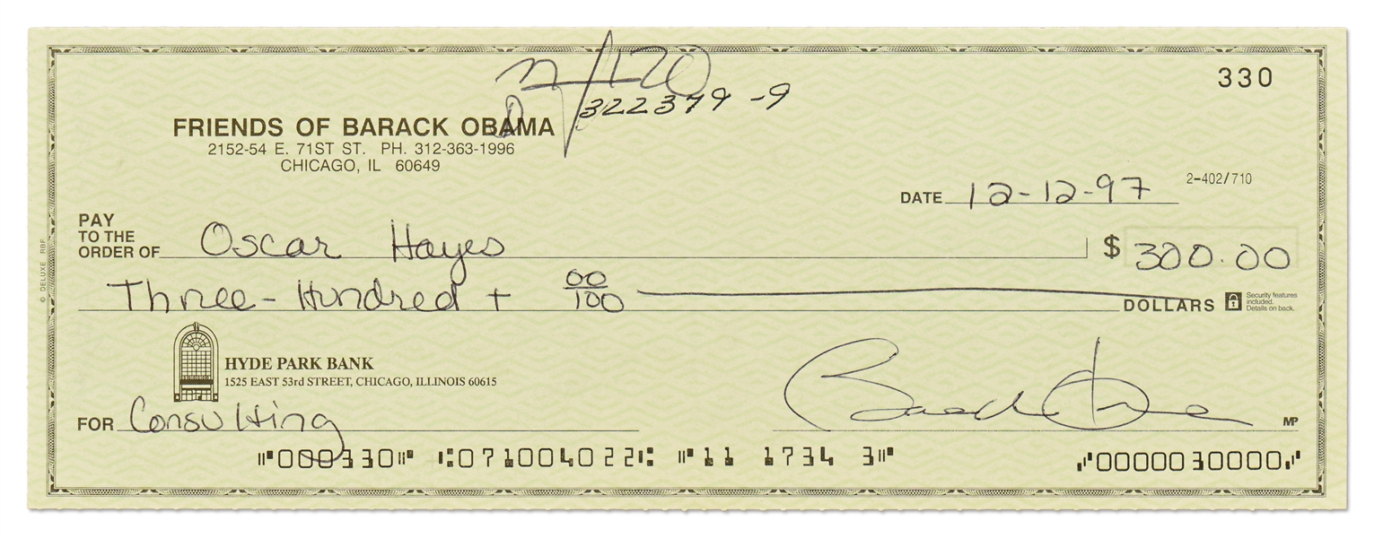 Barack Obama Check Signed from the ''Friends of Barack Obama'' Bank Account