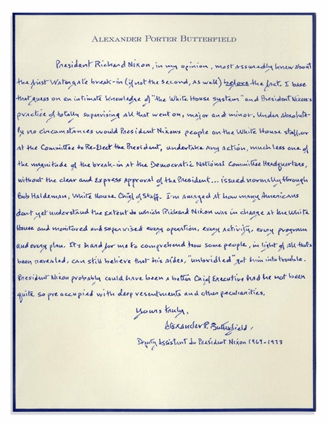 Alexander Butterfield Autograph Manuscript Signed Regarding Watergate and President Nixon's Involvement -- ''...Nixon, in my opinion, most assuredly knew about the first Watergate break-in...''